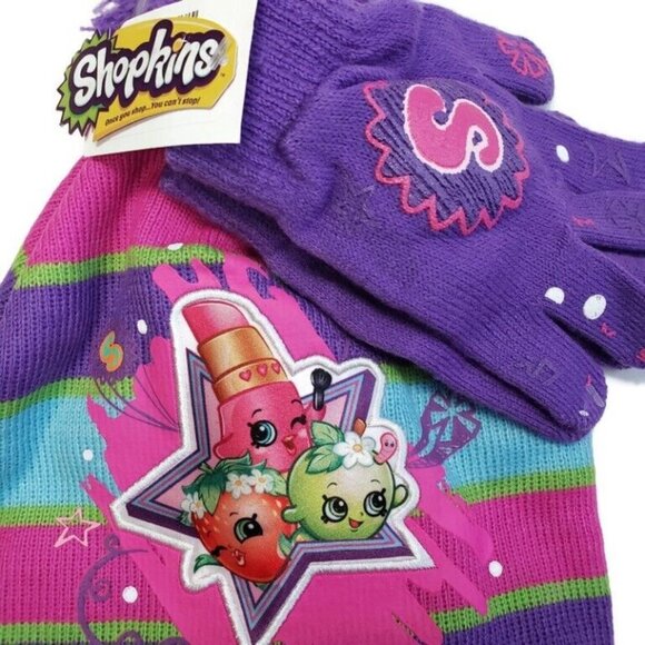Shopkins Girls Purple & Pink Striped Scandinavian Hat and Gloves One Size Gift - Picture 6 of 6